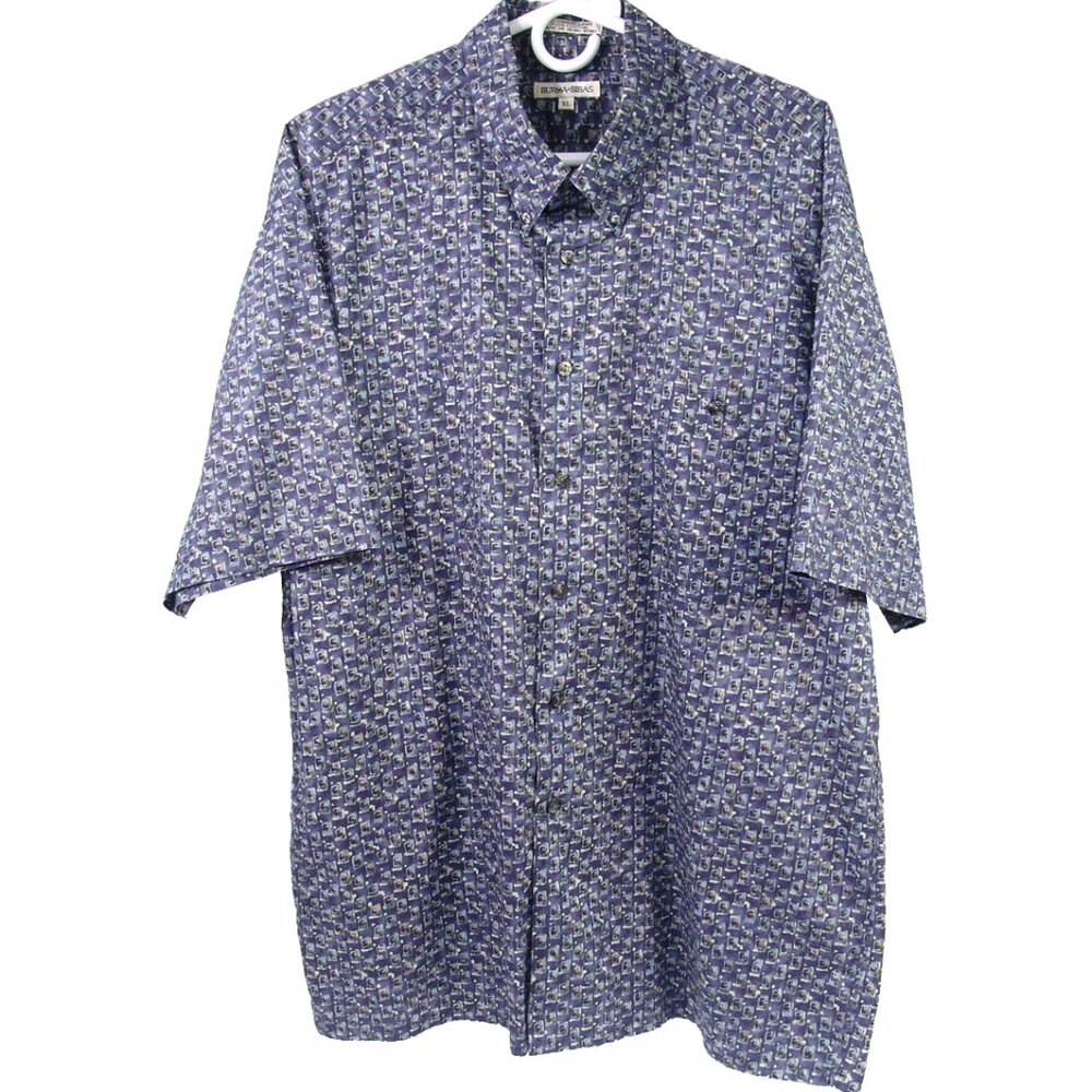 Vintage 1990s Men's Burma Bibas Blue & Green Geometric 100% Cotton Shirt - XL